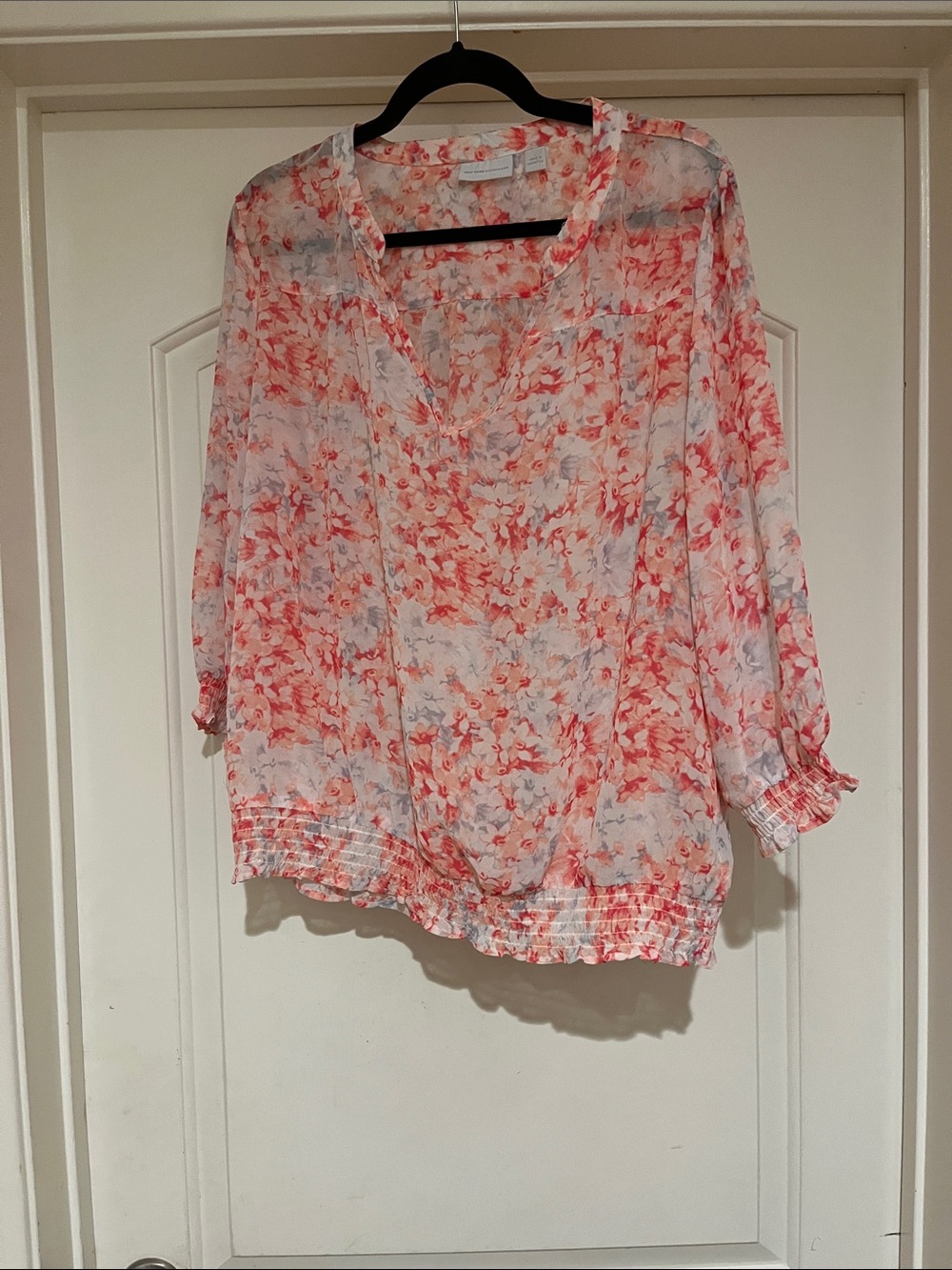 New York & Company Coral Floral V-Neck Blouse